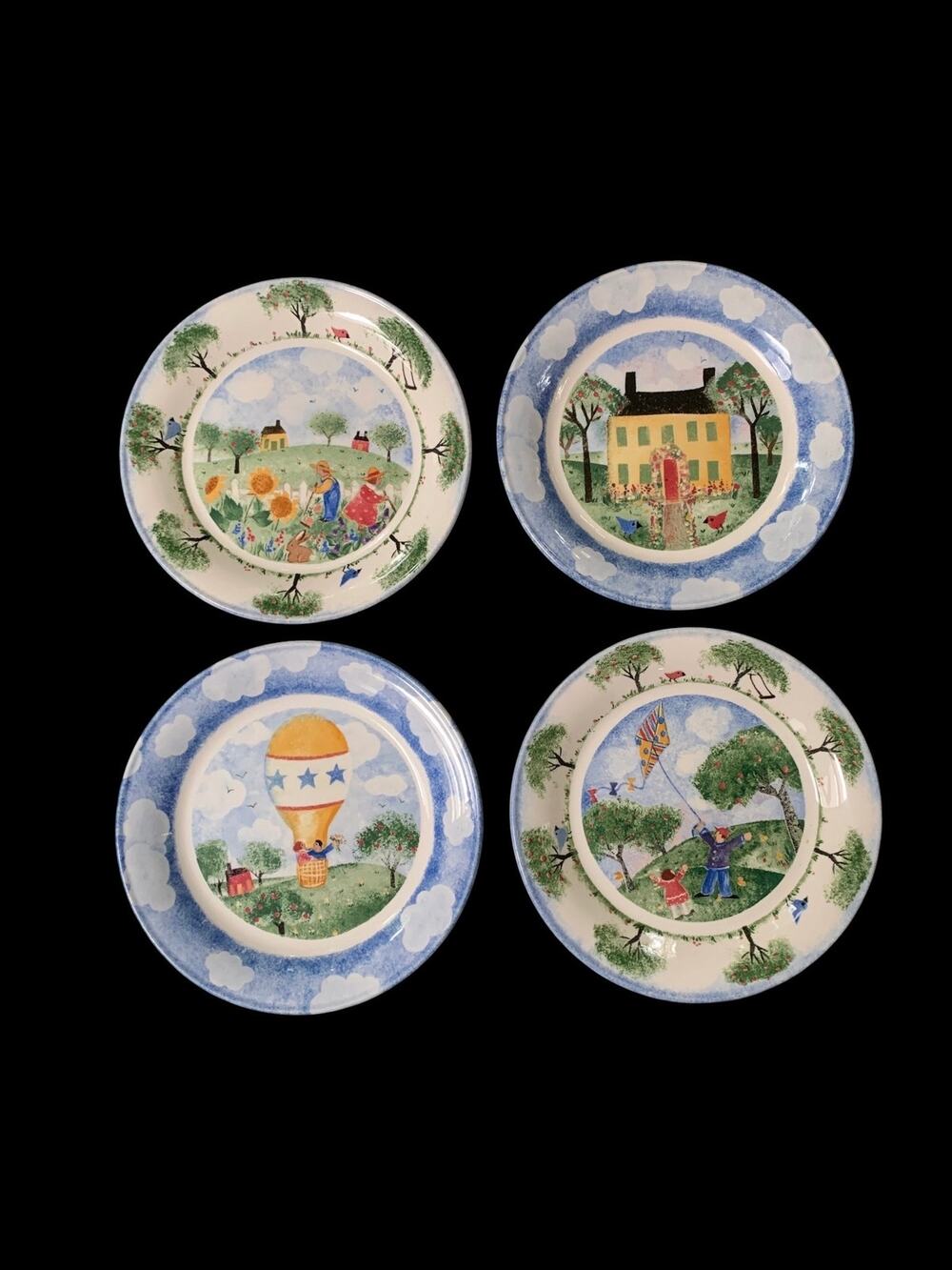 Vintage Nikko Remember When 8" Salad Plates 4pc Set Mores Folk Art 1999 Japan